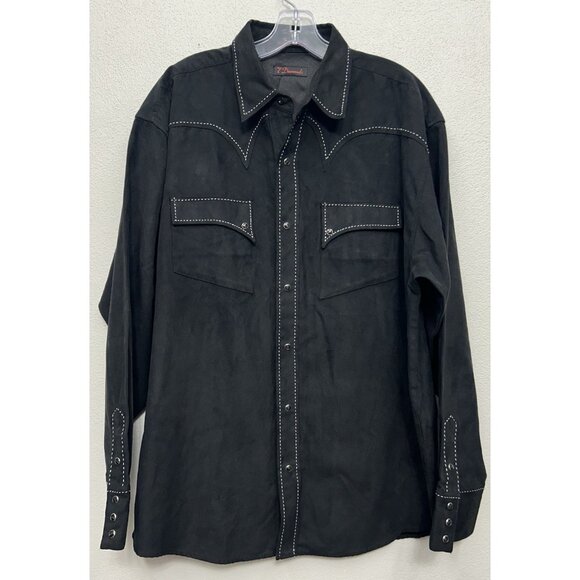 7 Diamonds Pearl Snap Mens Shirt Large Black Faux Suede White Stitch Western - Picture 1 of 12